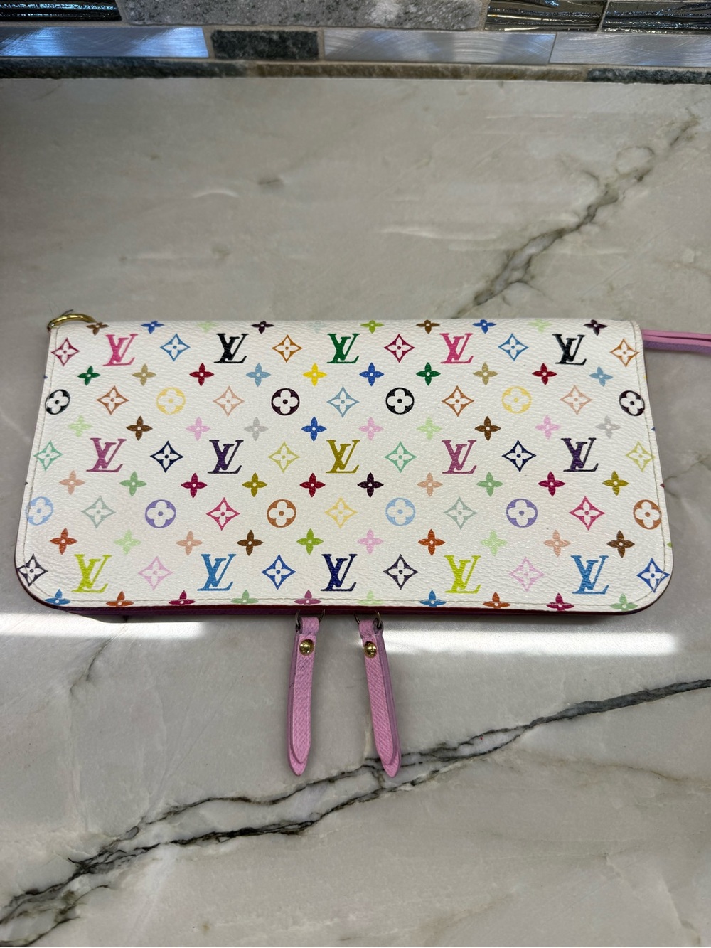 Louis Vuitton White Multicolor Monogram Zip Clutch with Pink Trim